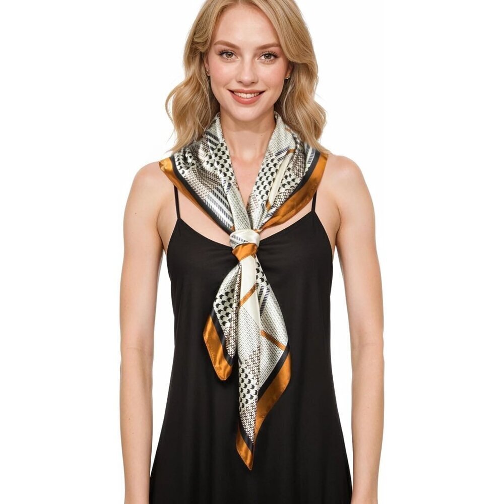 Women's Brown/Black Head Scarf Like Silk Printed Square Hair Bandanas 35 Inches - Picture 2 of 7